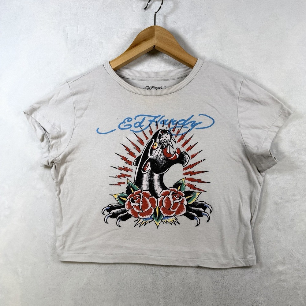 Ed Hardy Black Panther Tattoo Flash Cropped White Top T-Shirt Womens Large